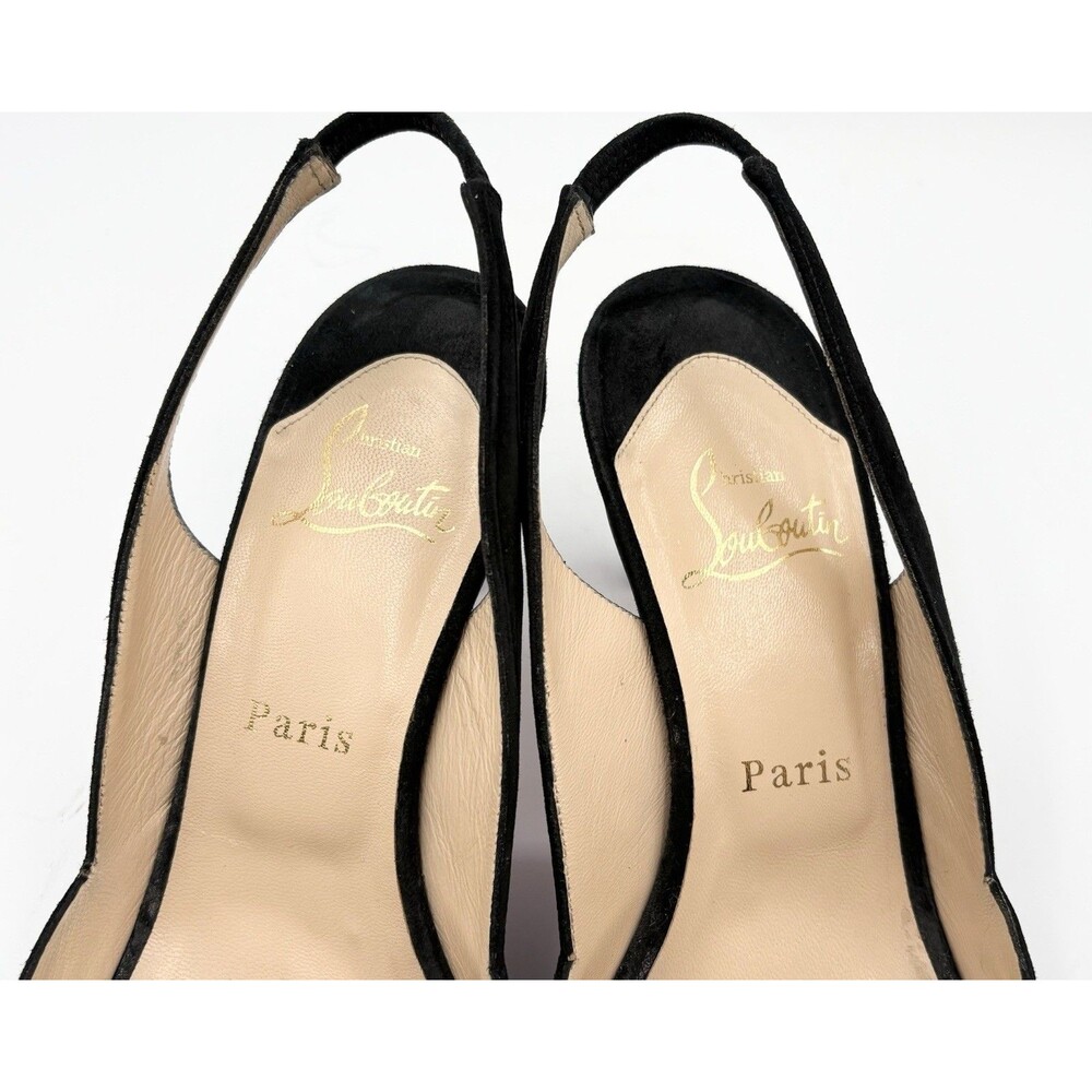 Christian Louboutin Black Suede Slingback Heels Peep Toe Knot Accent Sz EU 38.5 - Picture 9 of 12